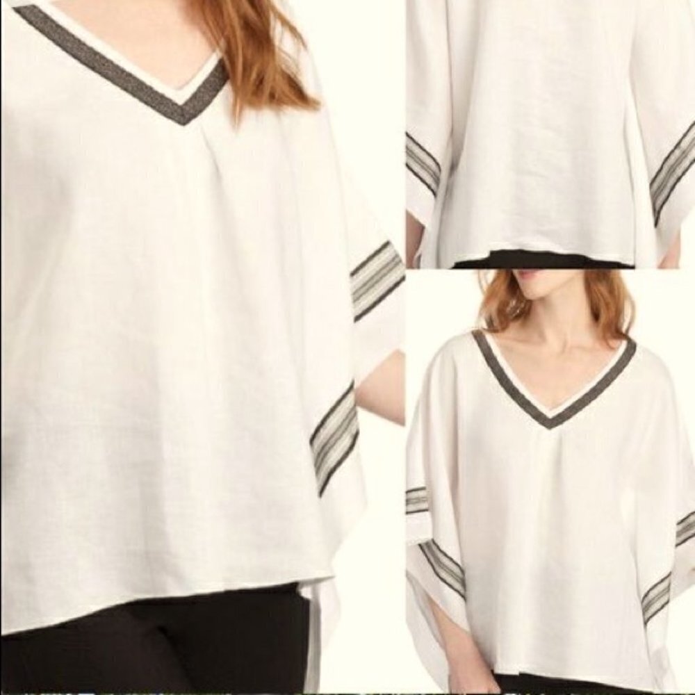 Peck & Peck Cream Linen V-Neck Poncho Top Size L Striped Trim Casual